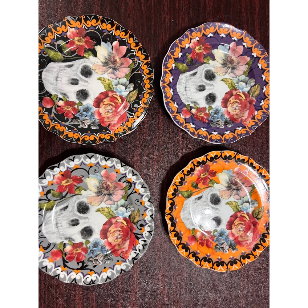 222 Fifth Marbella Skull Appetizer Plates Set of 4 Floral Halloween Gothic China